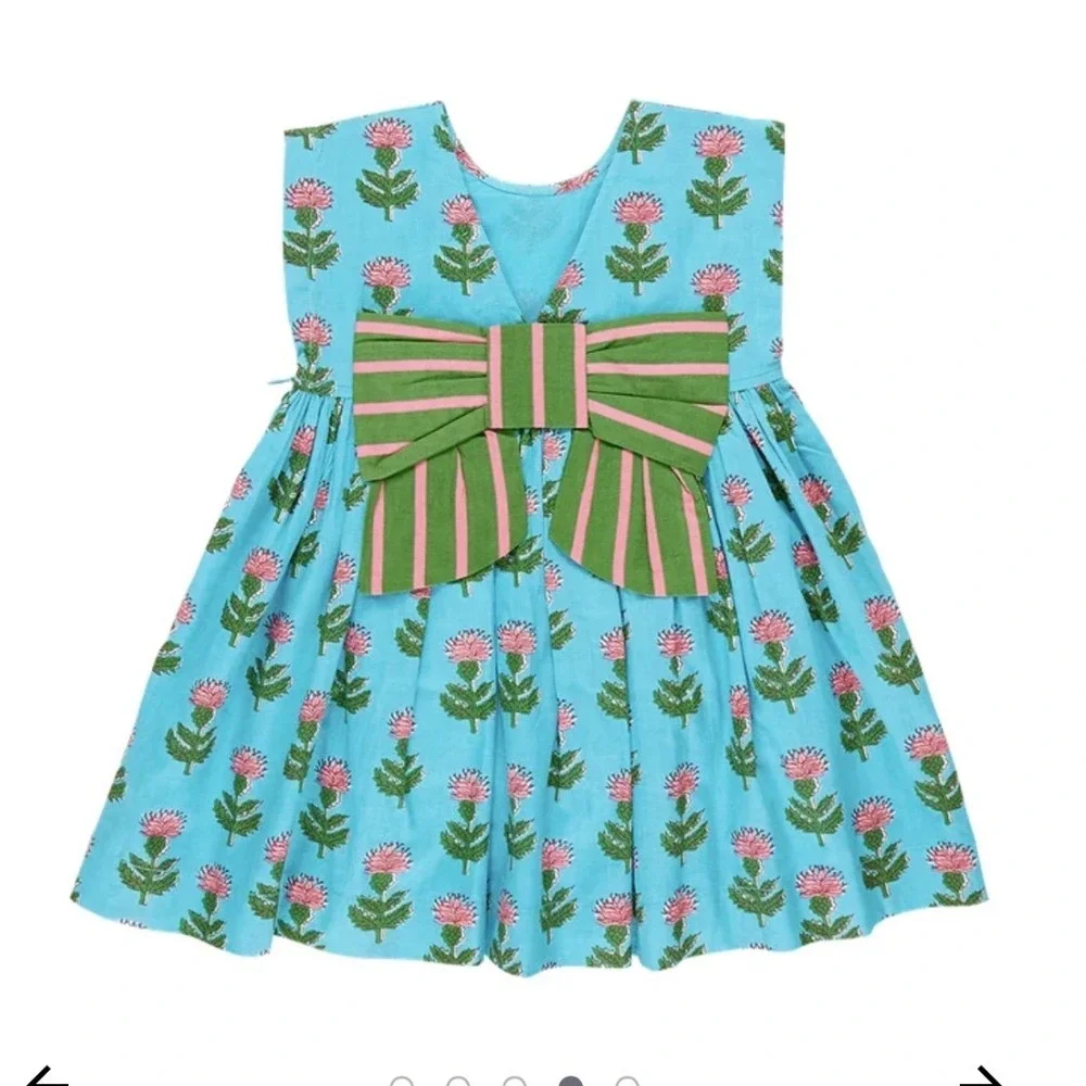 Pink Chicken Girls Dress Blue Floral Block Print Back Bow Size 6Y